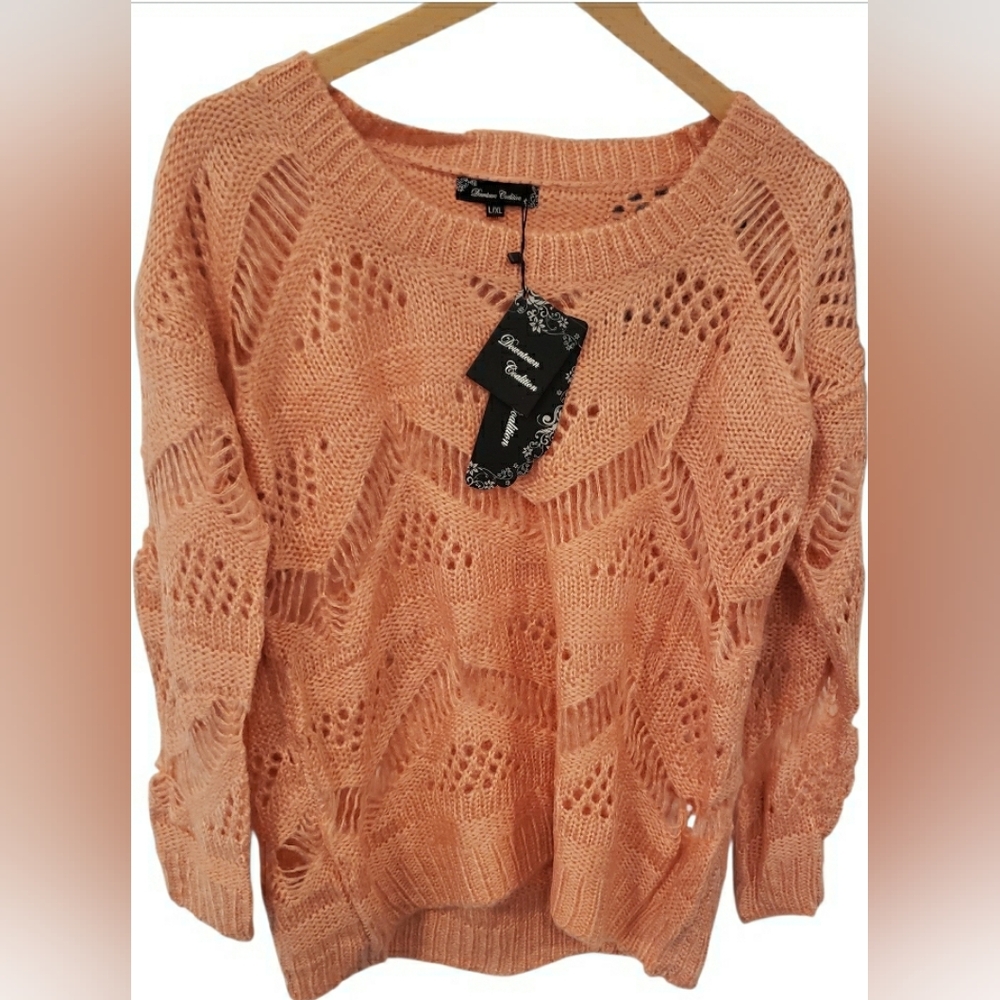 Downtown Coalition Peach Open-Weave Scoop Neck Sweater L/XL NWT